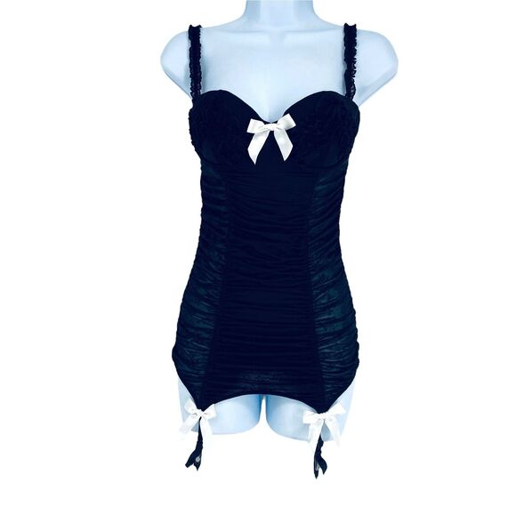 Victorias Secret Garter Slip Chemise Size 34C Black Sheer Ruched‎ Rumba Bows